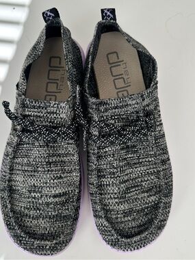 Hey Dude Women’s Knit Slip-On Loafers — Black and Gray/Lavender
